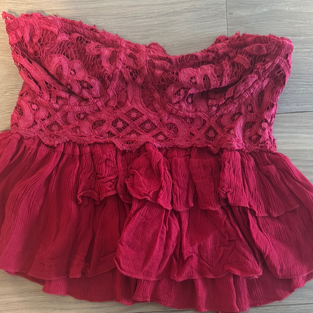 Free People Strapless Lace Ruffle Dress Top in Deep Red